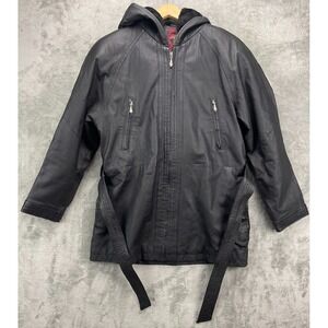 G-III‎ Women's Hooded Leather Jacket Sz M Black Full Zip Belted